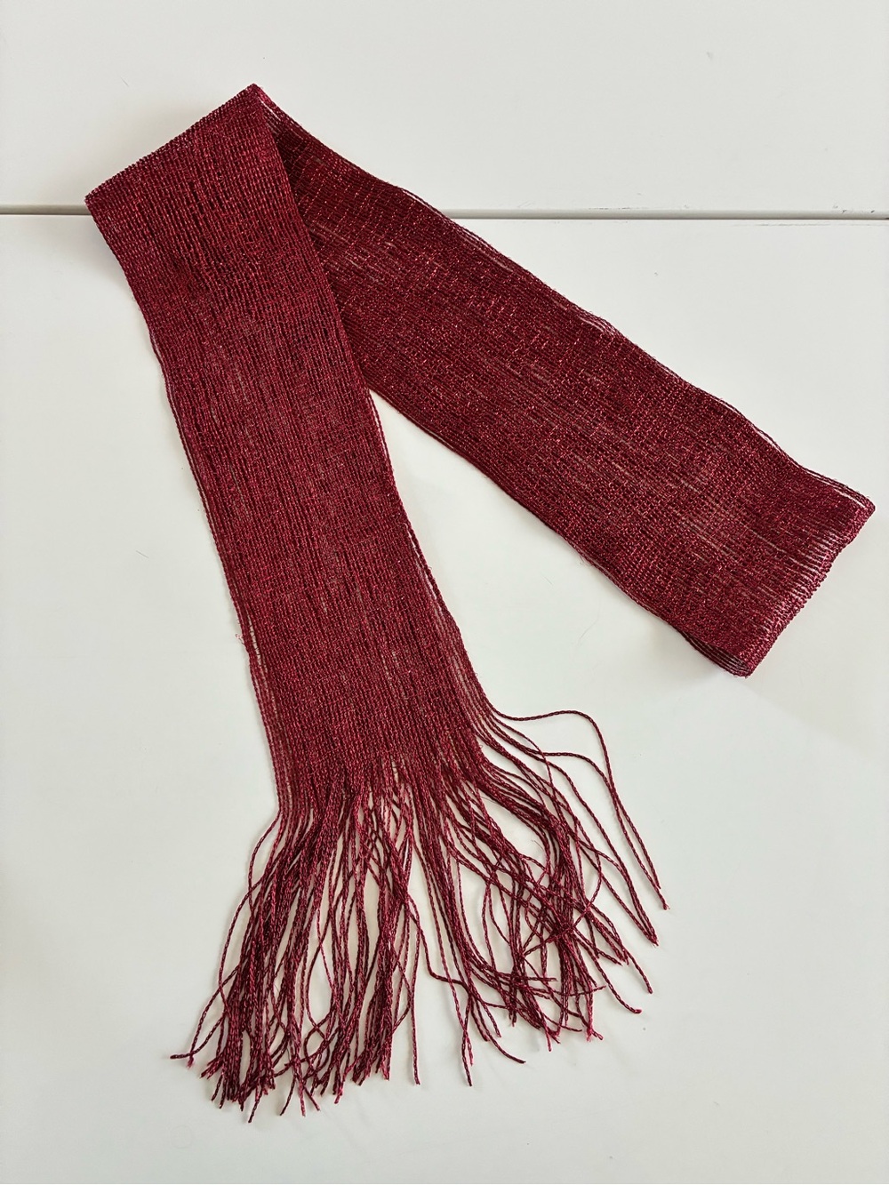 Elegant Merlot Red Metallic Fringe Thin Sheer Women's Scarf 70s Boho Indie